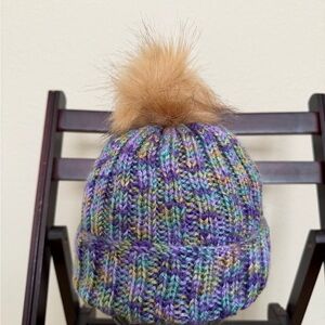 Multicolor Knit Beanie with Faux Fur Pom